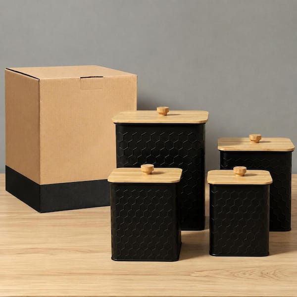 4-Piece Black Iron Canister Set with Airtight Bamboo Lids and Honeycomb Pattern for Countertop Storage