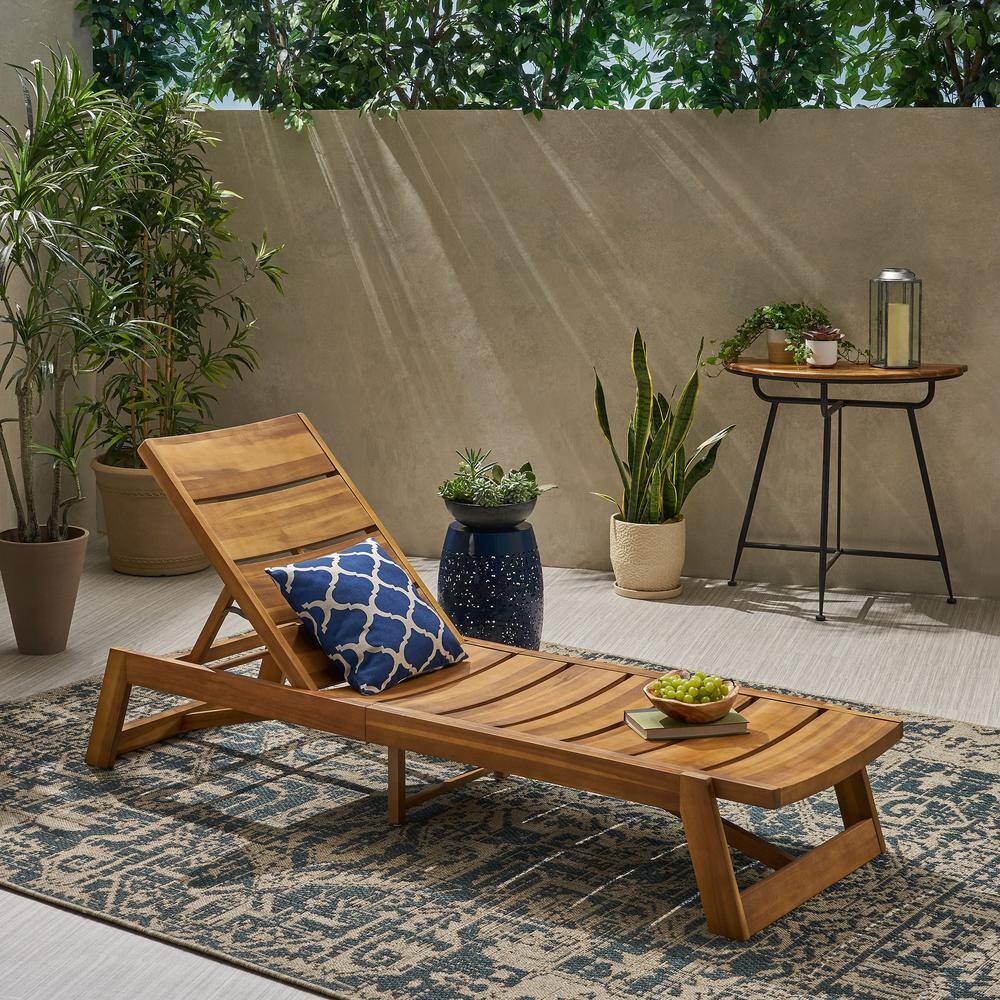 Teak and Yellow Acacia Wood Adjustable Outdoor Chaise Lounge