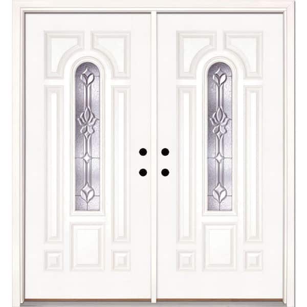Feather River Doors 74 in. x 81.625 in. Medina Zinc Center Arch Lite Unfinished Smooth Left-Hand Fiberglass Double Prehung Front Door