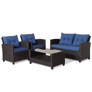 4-Piece Patio Rattan Furniture Set with Navy Cushions