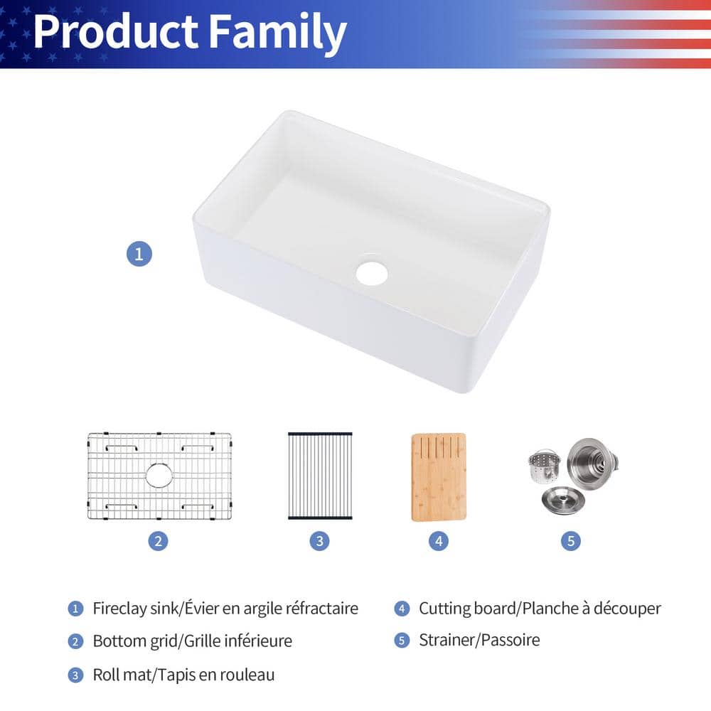 White Gloss Fireclay 33" Single Bowl Farmhouse Kitchen Sink