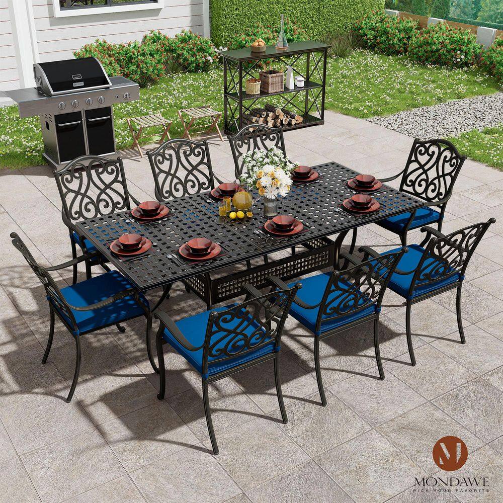 Set of 4 Black Cast Aluminum Outdoor Dining Chairs with Blue Cushions