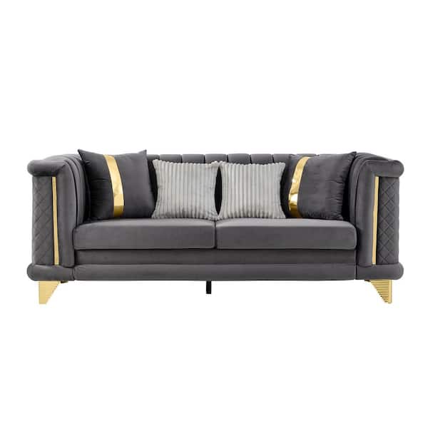 OBMOC 89 in. Rolled Arm Velvet Rectangle Sofa with Plush Cushions & Gold Stainless Steel Legs in. Slate Grey