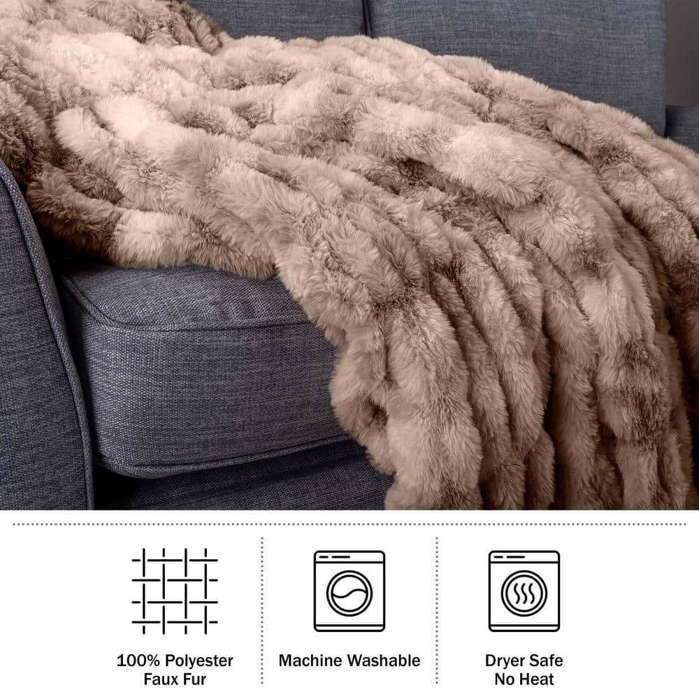 Taupe 60x80-Inch Ruched Faux Fur Queen Blanket