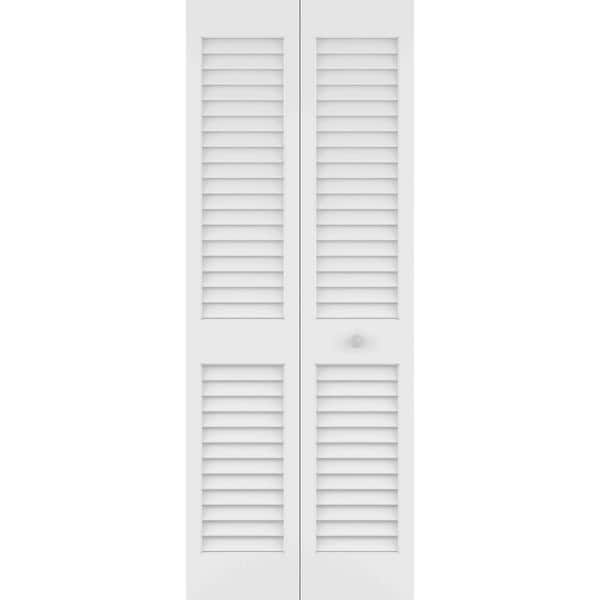 36 in x 80 in Plantation Louver/Louver 1-3/8" Solid Core Primed Pine Wood Bi-fold Door with Hardware