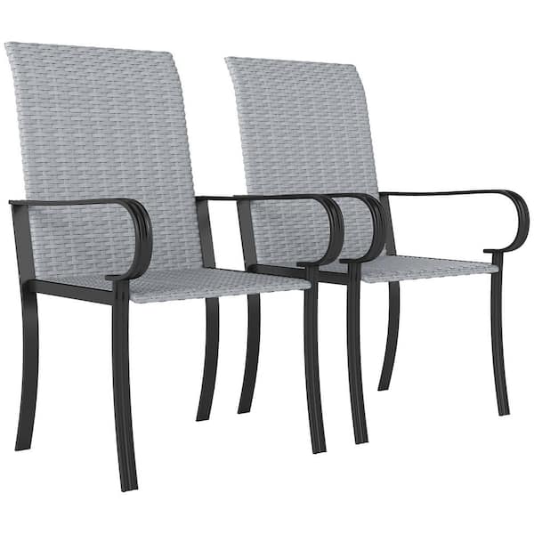 Outsunny Rattan Armchairs with Armrests, Steel Frame, High Back and Deep Seating Outdoor Wicker Dining Chairs in Gray Set of 2