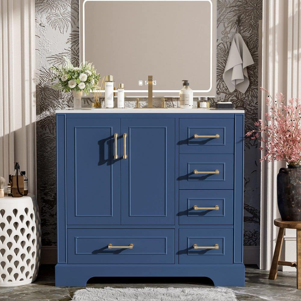 36 in. W Single Sink Freestanding Bath Vanity in Blue with White Ceramic Top, 2 Doors and (4-Drawers) price history on PriceWatchPro