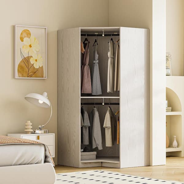 Harper & Bright Designs Natural Wood 43.3 in. Polygon Corner Wardrobe Armoire with 2-Hanging Rails and Shelves