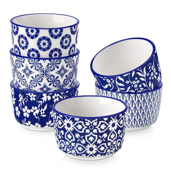 6-Piece 4 oz. Round Porcelain Ramekins Set Baking Cups Mini Blue and White Patterns Bowls for Baking Dip Sauce Desserts