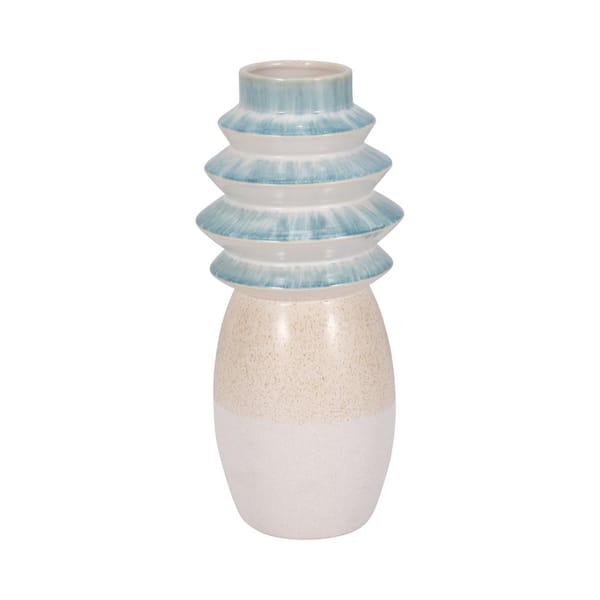 Liv & Skye 15 in. Blue Stoneware Round Fluted Top Reactive Finish Decorative Vase