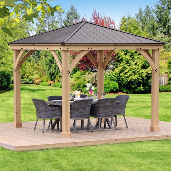 Yardistry Meridian 10 ft. x 10 ft. Premium Cedar Outdoor Patio Shade Gazebo with Architectural Posts and Brown Aluminum Roof