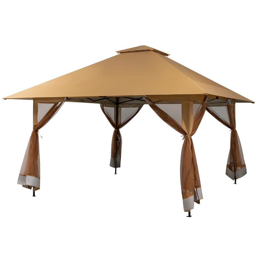 13 ft. x 13 ft. Khaki Pop-Up Instant Canopy Tent Mesh Sidewall UV50 Plus Adjust Outdoor Patio -  Costway, NP10828CF