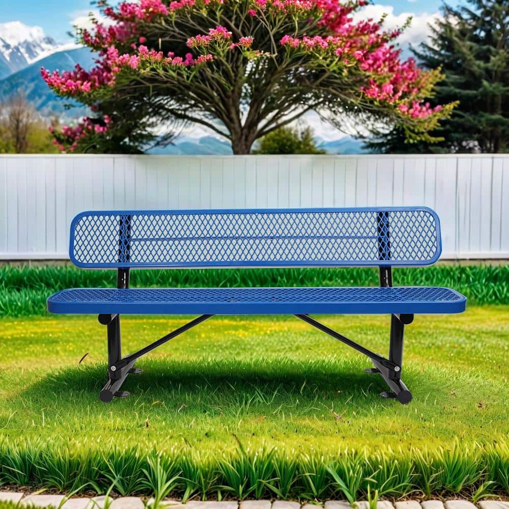 6 ft Blue Steel Outdoor Bench with Mesh Backrest