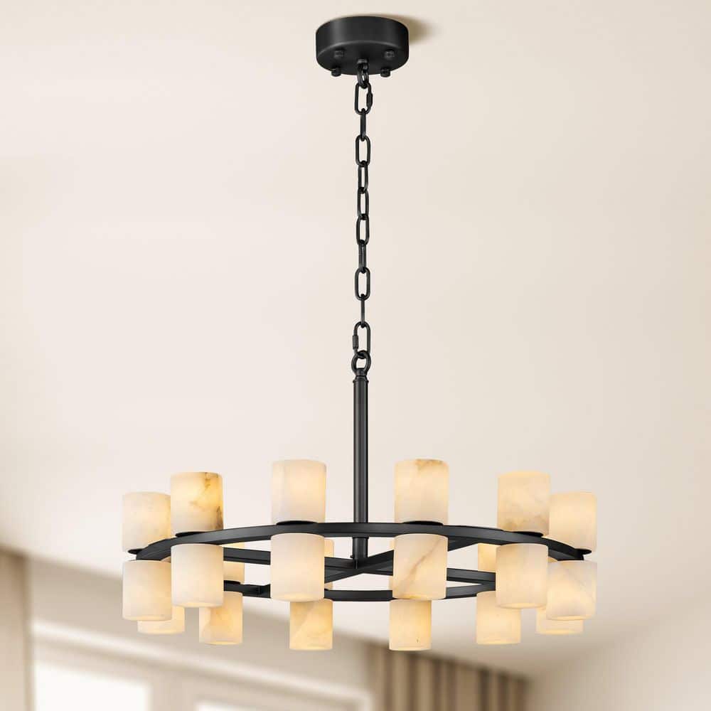 24 in. 24-Light Black Round Chandelier, Modern Alabaster Chandelier for Dining Room, Living Room, Foyer price history on PriceWatchPro