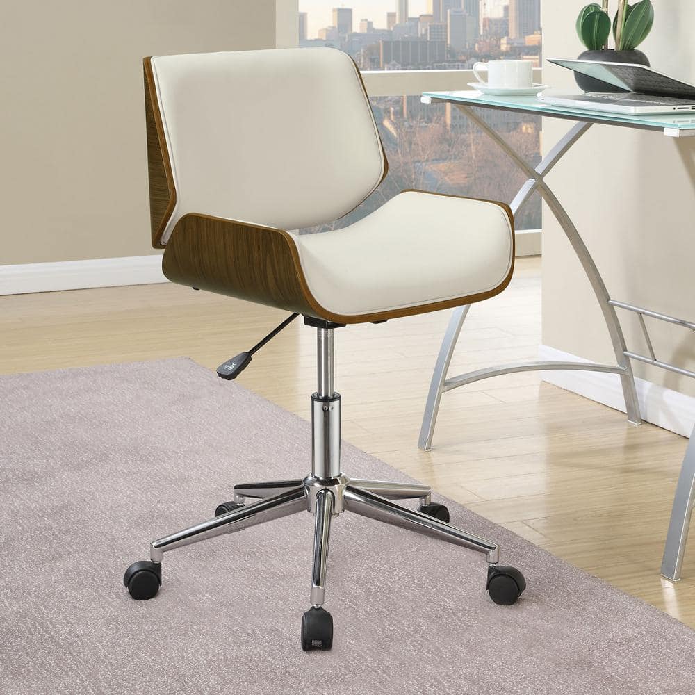 Ecru Leatherette and Walnut Swivel Desk Chair