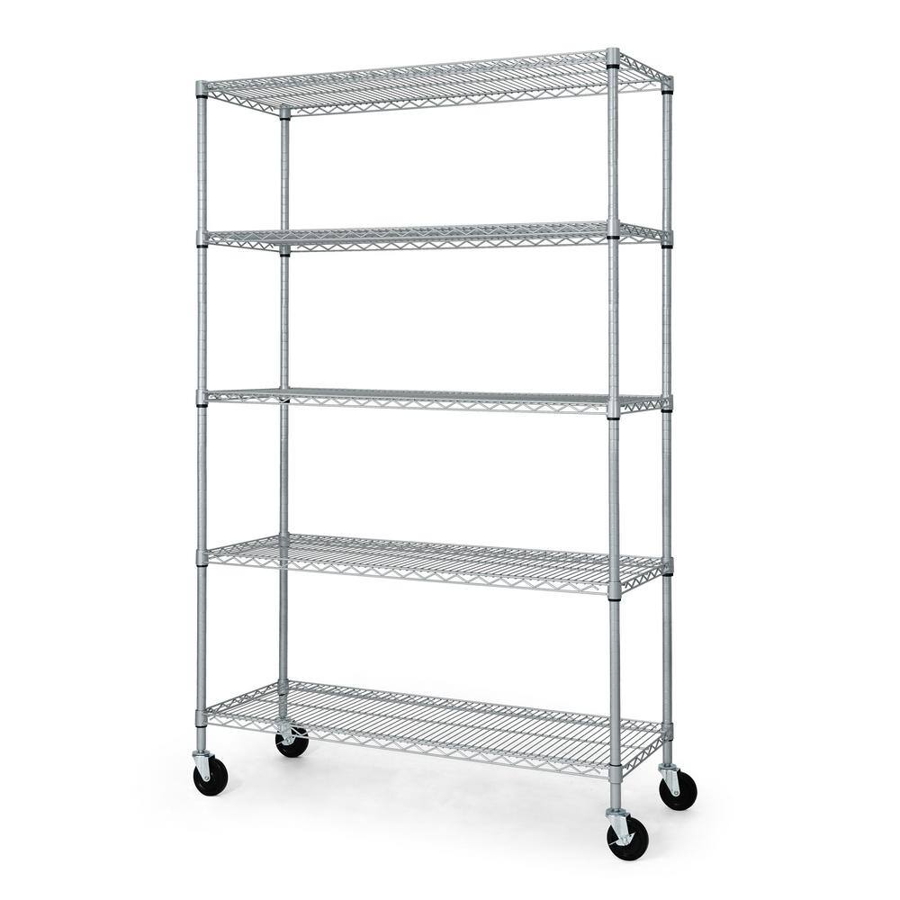Silver 5-Tier Adjustable Metal Wire Shelving Unit with Wheels