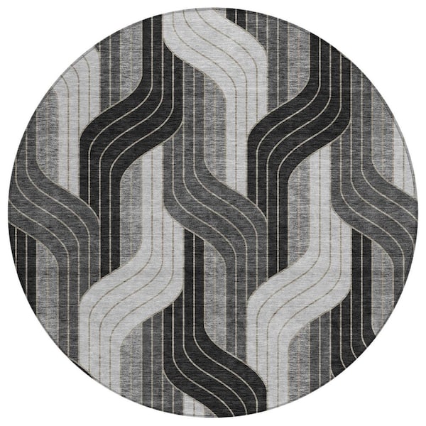 Chantille Machine Washable Indoor/Outdoor Abstract ACN2422 Black 8 ft. x 8 ft. Round Rug