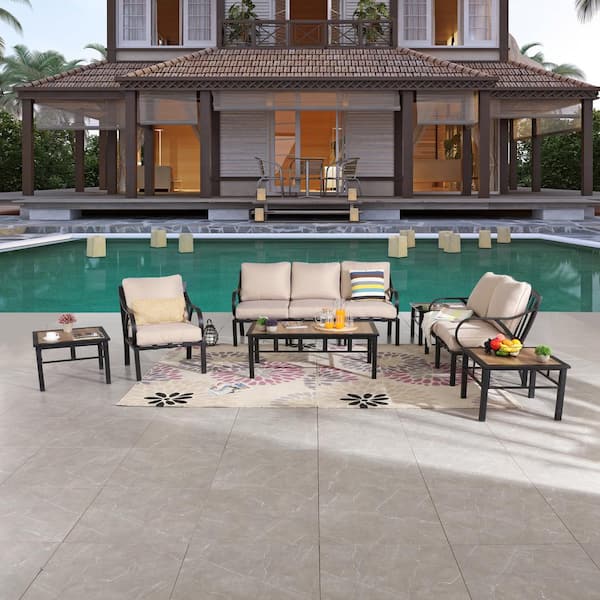 Patio Festival 10-Piece Metal Outdoor Sectional Set with Beige Cushions ...