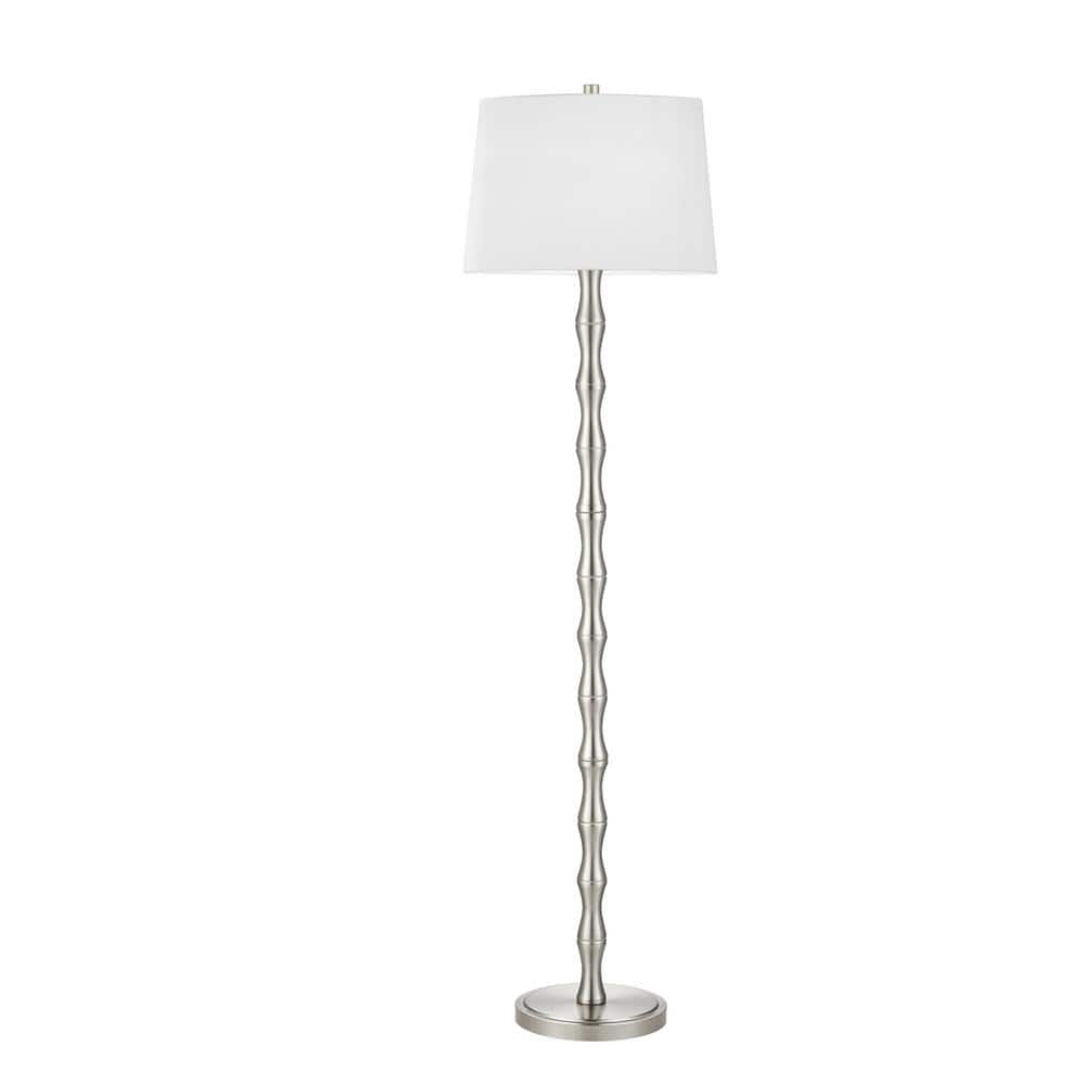 Brushed Nickel Bamboo Design Floor Lamp with White Drum Shade