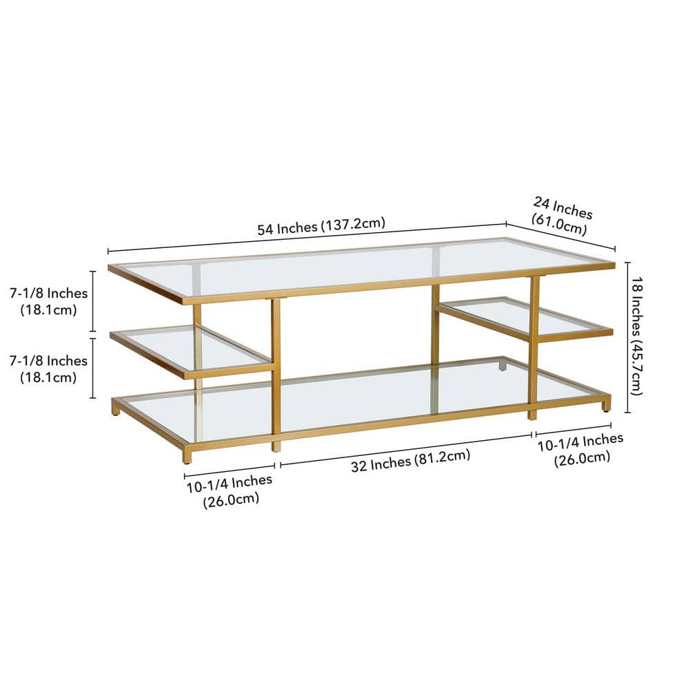 Greenwich 54'' Brass and Glass Modern Coffee Table