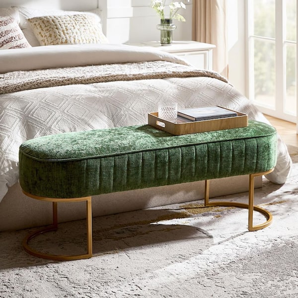Marta Green Fabric 46 in. Channel-Tufted Design Bedroom Bench with Metal Base