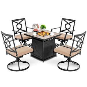 5-Piece Steel Patio Fire Pit Conversation Set with Beige Cushion, Swivel Chair and 50,000 BTU Square Fire Pit Table
