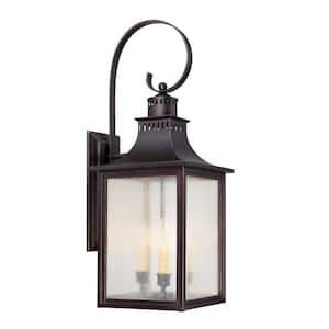 Monte Grande 10 in. W x 26.75 in. H 3-Light English Bronze Hardwired Outdoor Wall Lantern Sconce with Seeded Glass Shade