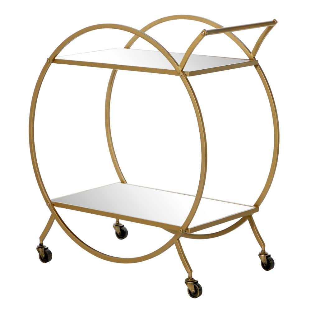 Elegant Gold Metal Bar Cart with Mirrored Shelves and Wheels