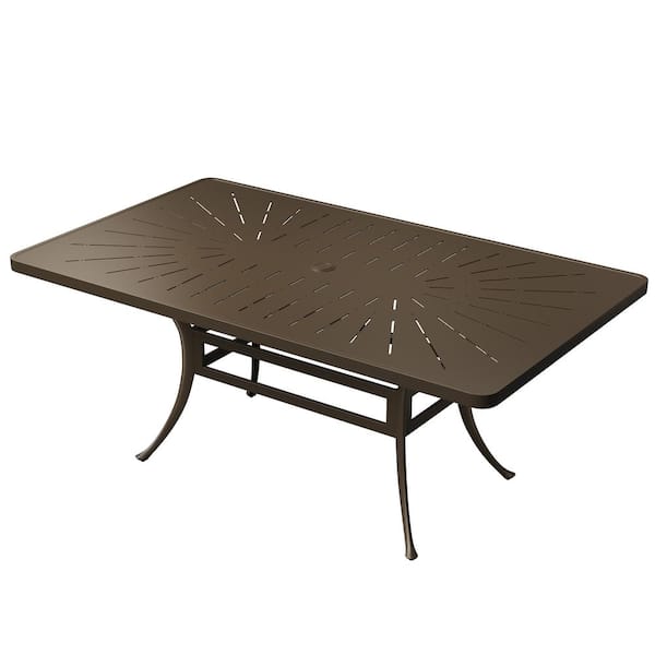 Mondawe 72 in. L x 42 in. W Brown Cast Aluminum Rectangular Outdoor Patio Dining Table with Retro Table Top Umbrella Hole