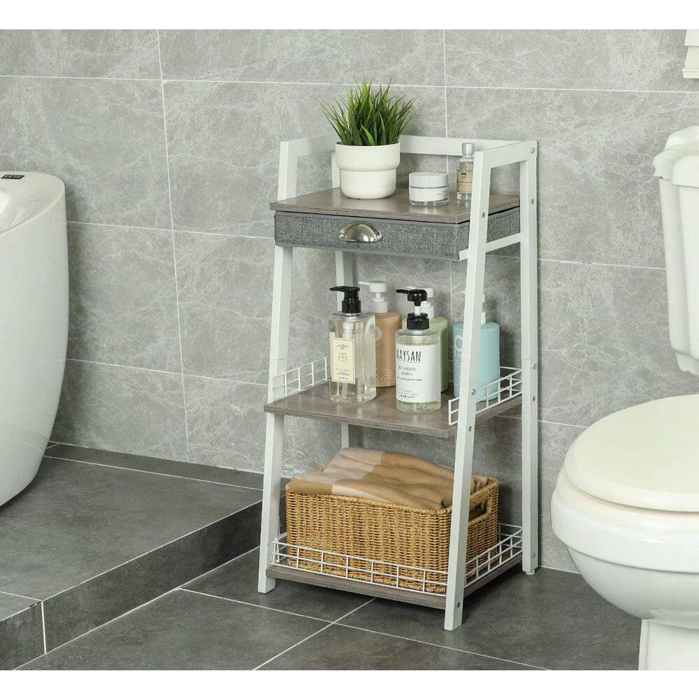 White MDF and Iron 3-Tier Freestanding Bathroom Ladder Shelf with Drawer