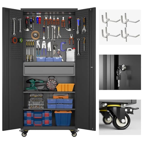 30 in. W x 71 in. H x 15 in. D Rolling Metal Freestanding Storage Cabinet with Drawer, Hooks, Pegboard in Black
