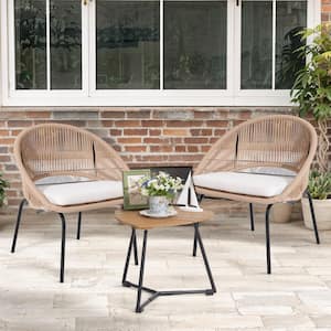 Stylish Beige 3-Piece Metal Hand-Woven Outdoor Bistro Set Triangle Wood Top Table with White Cushions for Poorside