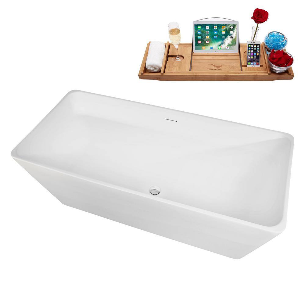 59" Glossy White Acrylic Freestanding Soaking Bathtub with Bamboo Tray