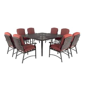 Terra Linda Brown 9-Piece Metal Square Outdoor Dining Set with Red Cushions