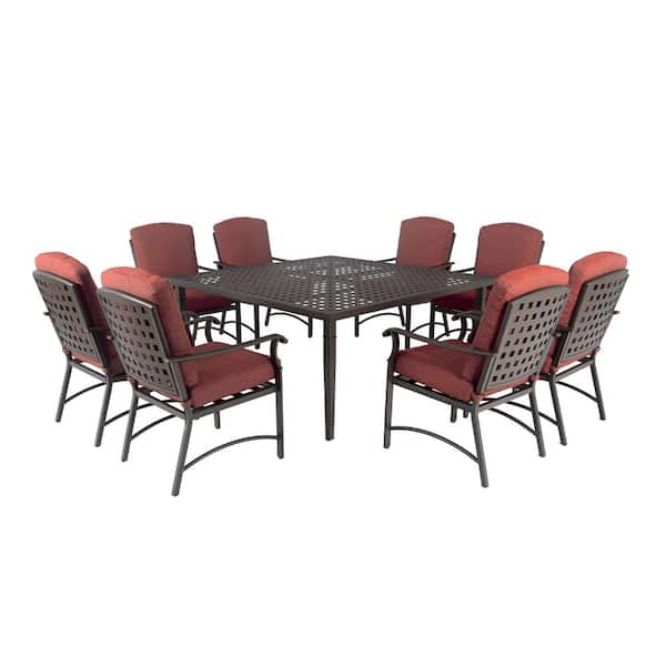 Pacific Casual Terra Linda Brown 9-Piece Metal Square Outdoor Dining Set with Red Cushions
