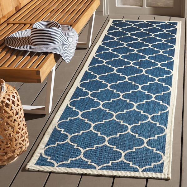 Courtyard Navy/Beige 2 ft. x 18 ft. Moroccan Geometric Indoor/Outdoor Runner Rug