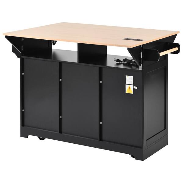 Nestfair Black Wood 55.7 in. Rolling Kitchen Island with 2 Drop
