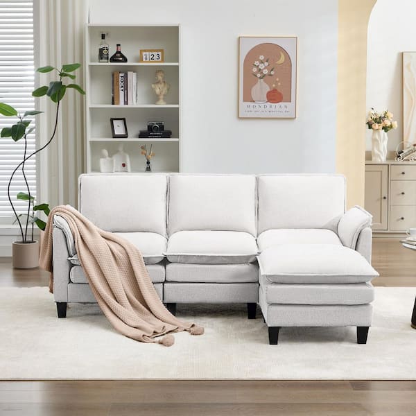 JEAREY 75.59 in. W Modern Velvet Linen Double-Layer Cushion Sectional Sofa with Ottoman in Beige