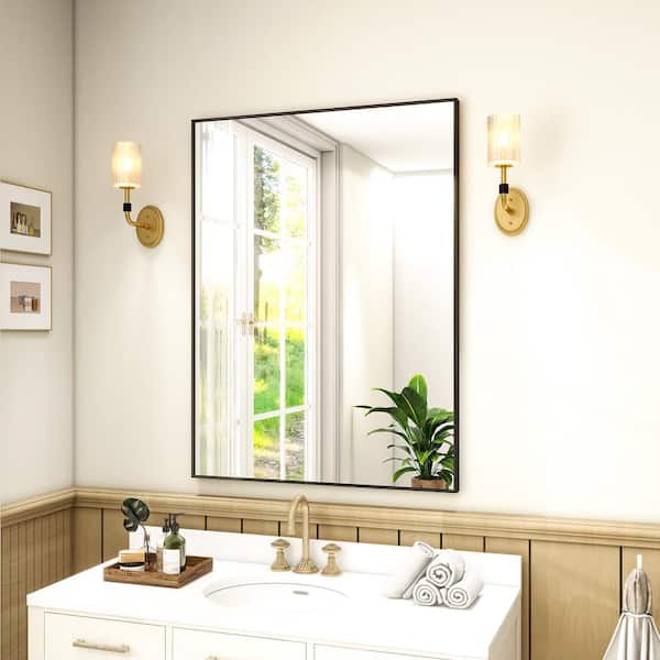 GLSLAND 26 in. W x 37.8 in. H Rectangular Black Aluminum Alloy Framed Bathroom Vanity Mirror Wall Mirror