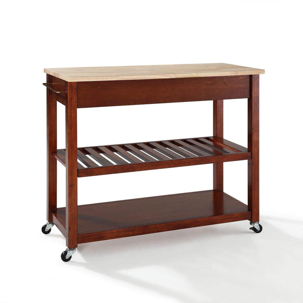 Natural Wood Top Mobile Kitchen Cart with Storage and Wine Rack