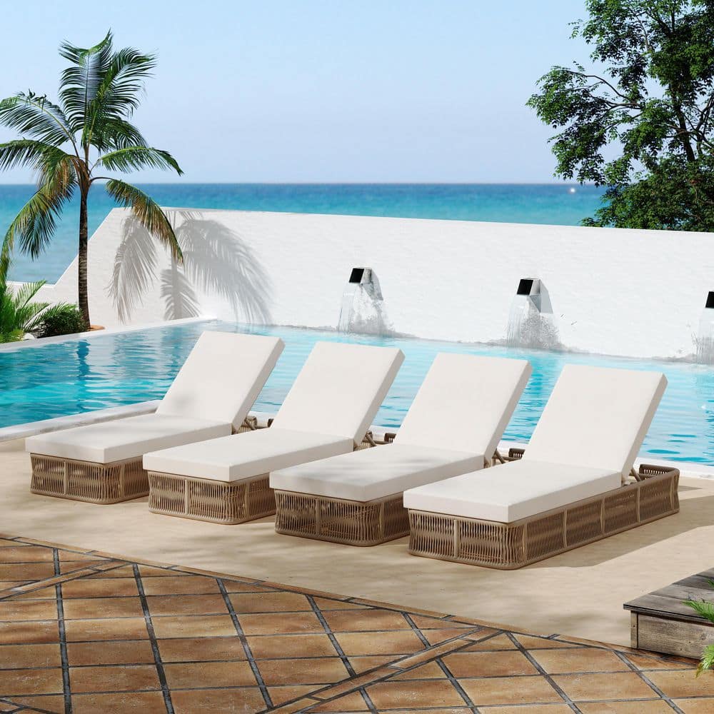 Shane Beige Metal and Rope Weave Adjustable Patio Outdoor Chaise Lounge with Cream Cushions, Set of 4 price history on PriceWatchPro