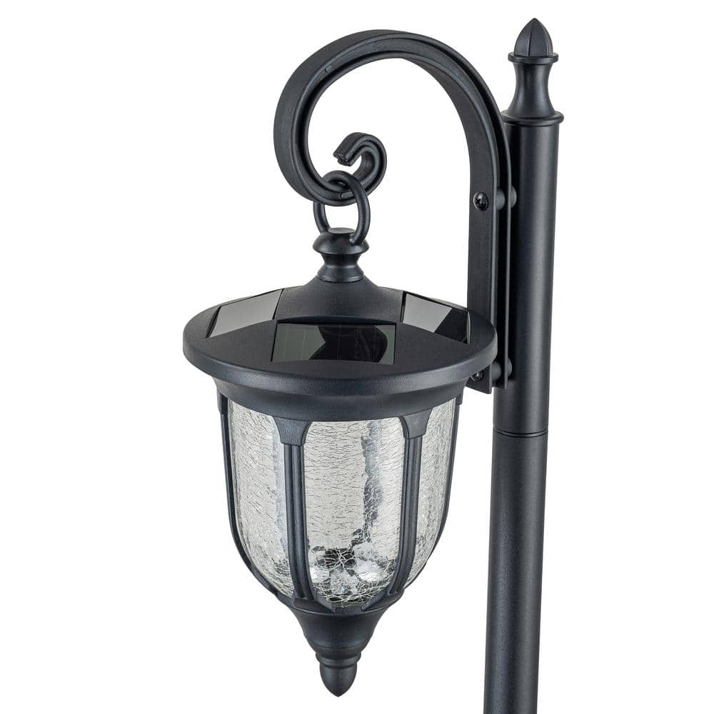 Black Solar Lamp Post with Planter and Crackle Glass Shade