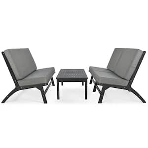 Black 4-Piece Solid Wood Outdoor Patio Conversation Sectional Set with Gray Cushions