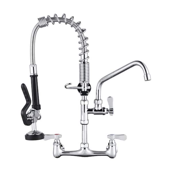 WOWOW Wall Mount Triple Handle Pull Down Sprayer Kitchen Faucet with Pre-Rinse Sprayer with Advanced Spray in Polished Chrome