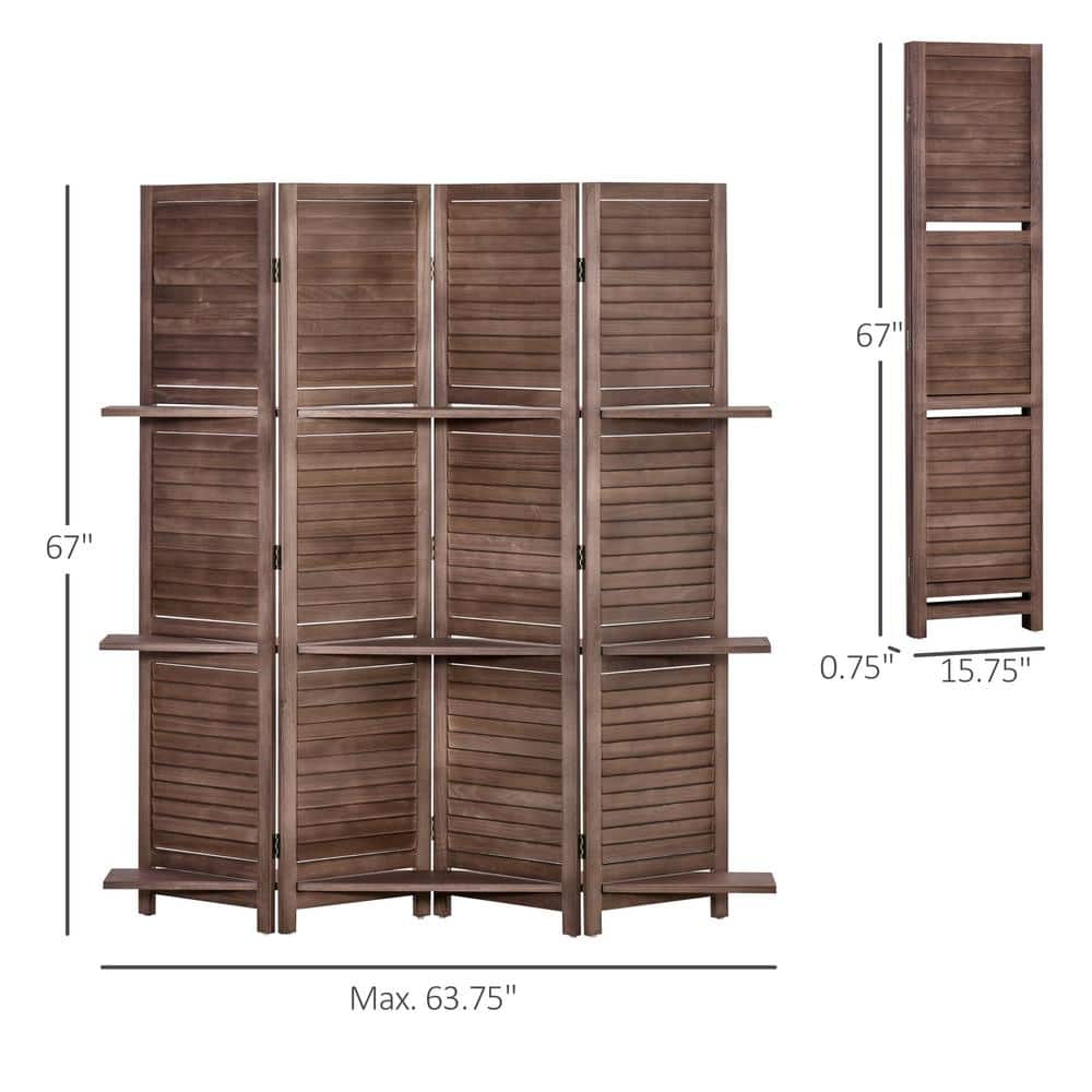 Dark Wood 4-Panel Folding Room Divider with Shelves