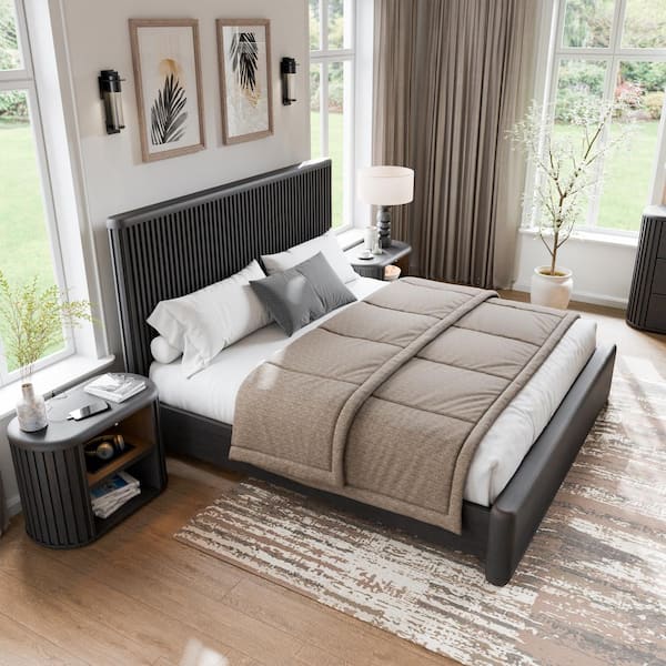 Furniture of America Eastbrook 3-Piece Modern Black Acacia Fluted Wood Queen Bedroom Set And 2 Nightstands with Motion Light