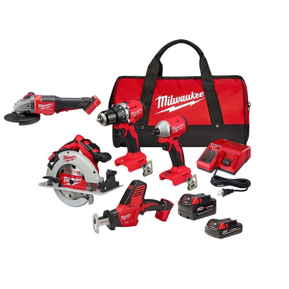 M18 18-Volt Lithium-Ion Brushless Cordless Combo Kit (4-Tool) with 2-Batteries with 4-1/2 in./6 in. Braking Grinder -  Milwaukee