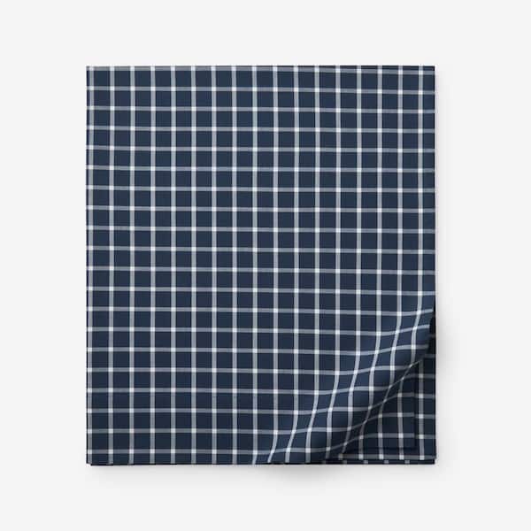 Company Cotton Windowpane Yard-Dyed White/Navy Cotton Percale King/Cal King Flat Sheet