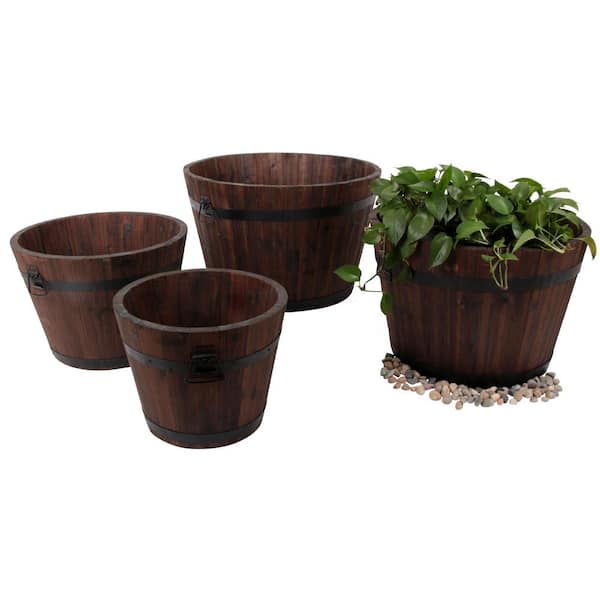Leisure Season Large Barrel Style 26 in. W x 26 in. D x 17 in. H Round Wooden Brown Planters (4-Pack)