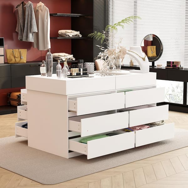 White Wooden Free Standing 63 in. W Large Jewelry Armoire With Tempered Glass Top, Openable Top Storage and 12-Drawers